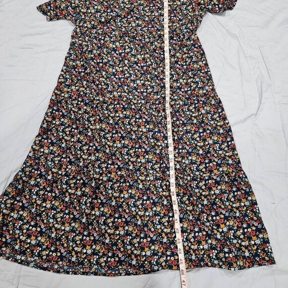 Elings Navy Floral Ruffle V-Neck Puff-Sleeve Midi Dress Size Large - Picture 5 of 6